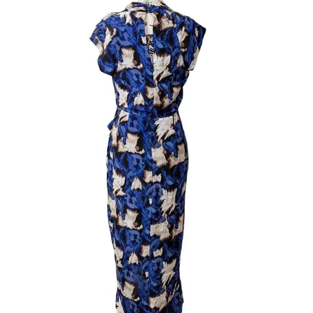 White House Black Market Womens Size 4 Draped Midi Wrap Dress Blue & Beige - Picture 3 of 8